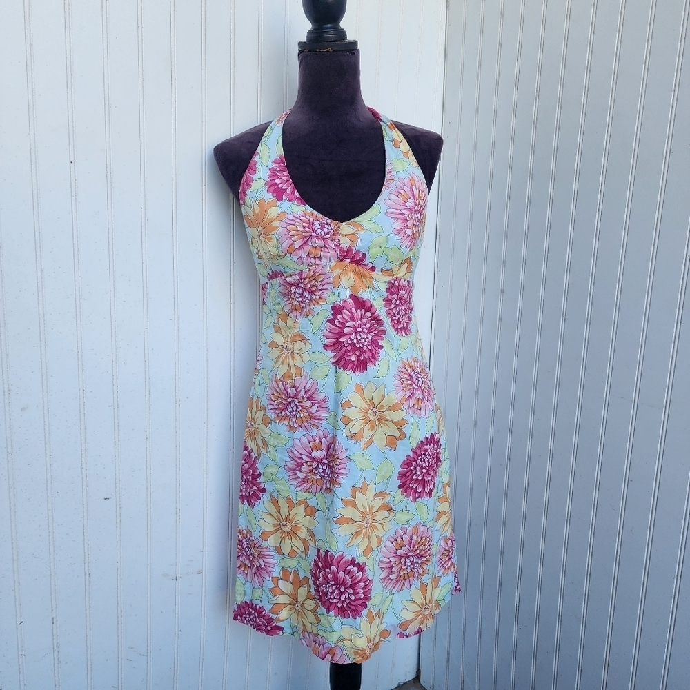 Tommy Hilfiger Cotton Lined Blue Pink Orange Floral Tie Halter A-Line Dress Sz 4